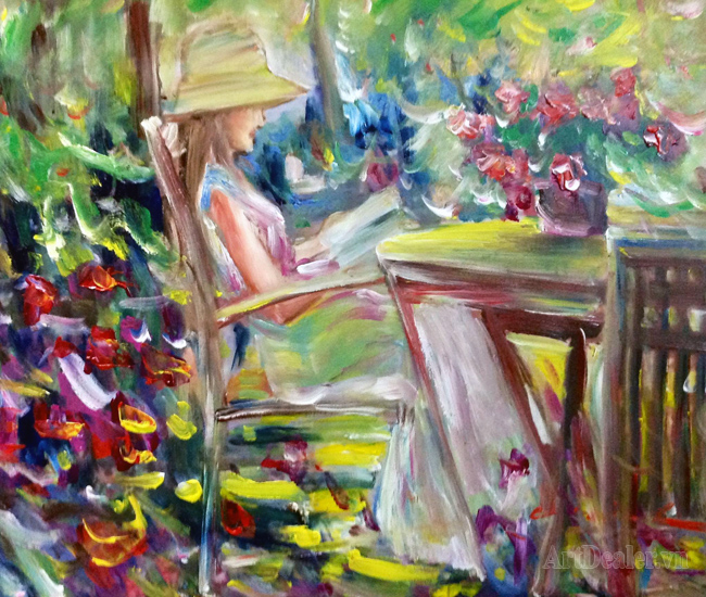 A Girl, The Flowers & A Book - Thiếu nữ, Hoa & Sách, oil on canvas, 60x70 cm, artist Đinh Châu Minh (1969), 2014