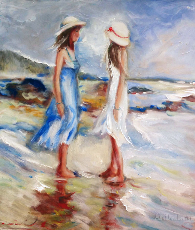 The teenage girls on beach - Biển và các thiếu nữ, oil on canvas, 60x70 cm, artist Đinh Châu Minh (1969), 2012
