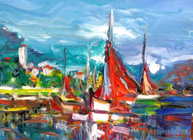 The Red Sails - Cánh buồm đỏ, oil on canvas, 60x80 cm, artist Đinh Châu Minh (1969), 2012