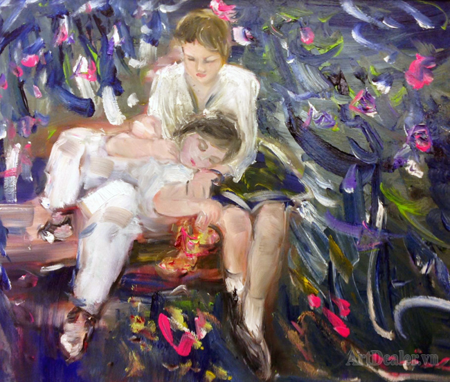 The Sisters - Chị Em, oil on canvas, 50x60 cm, artist Đinh Châu Minh (1969), 2014