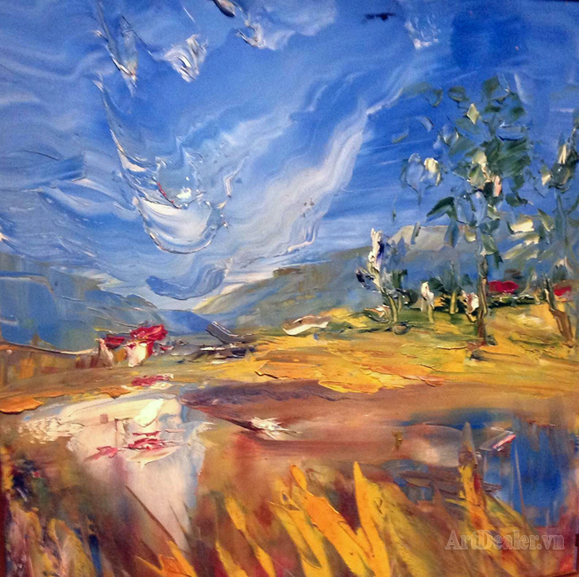 A Water Stream in The Sunrise - Con nước buổi sớm, oil on canvas, 50x50 cm, artist Đinh Châu Minh (1969), 2012