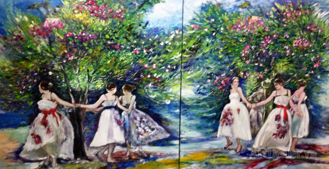The Spring Garden - Vườn xuân, oil on canvas, 135 x 250 cm, atist Đinh Châu Minh (1969), 2012